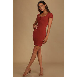 Lulus Positive Influence Rust Orange Ribbed Short Sleeve Bodycon Dress - Size S